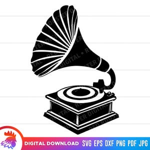 May include: A black silhouette of a vintage gramophone with a large, flared horn and a round turntable. The gramophone is a classic symbol of music and nostalgia.