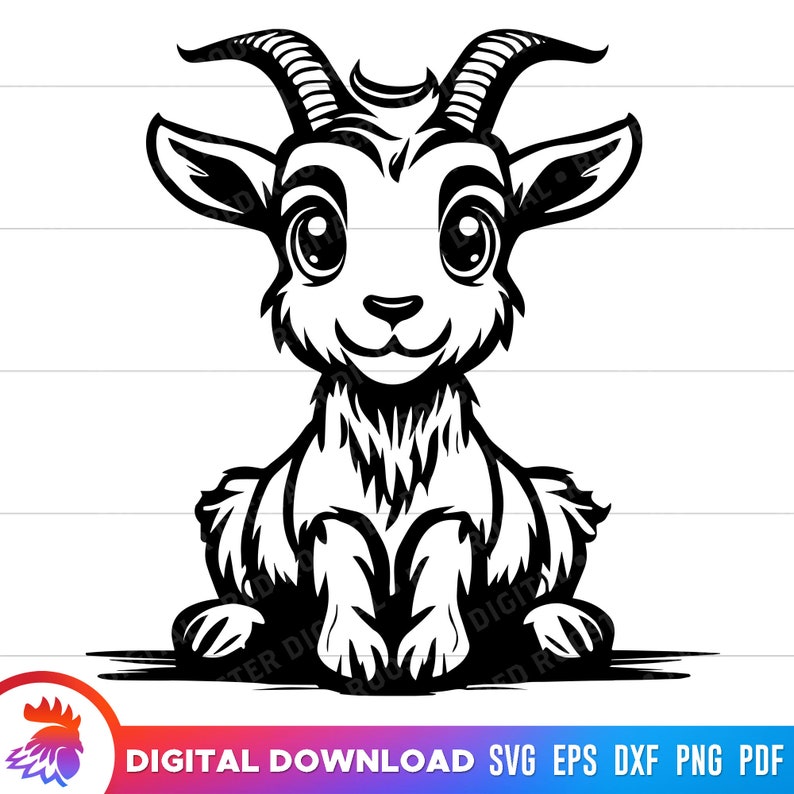 May include: A black and white illustration of a cartoon goat with large eyes and a friendly expression. The goat is sitting with its legs crossed and has horns.