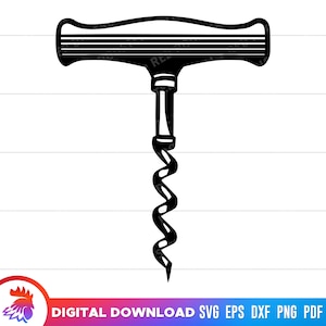 May include: A black and white illustration of a corkscrew with a T-shaped handle and a spiral corkscrew.