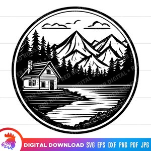 Mountain Lake Cabin SVG, hut aan een meer, wildernis SVG, meer en bergen, schilderachtige bergmeer, schilderachtige cabine, clipart, SVG voor Cricut