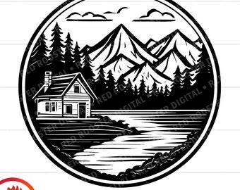 Mountain Lake Cabin SVG, Wilderness Scene Clipart (Digital Download)