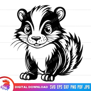 Peut inclure: Illustration en noir et blanc d'un blaireau de dessin animé avec une expression mignonne. Le blaireau est assis sur ses pattes arrière, ses pattes avant reposant sur son ventre. Le blaireau a une longue queue touffue.