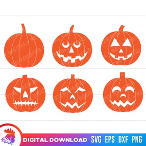 May include: Set of six orange pumpkin silhouette cut files with different facial expressions. The pumpkins are all the same size and shape, but have different facial features, including a smiling face, a frowning face, a surprised face, a scared face, a happy face, and a sad face.