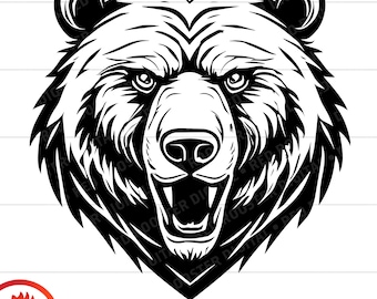 May include: Black and white illustration of a bear's head with a fierce expression. The bear's mouth is open, showing its teeth. The bear's fur is detailed with lines and shading.