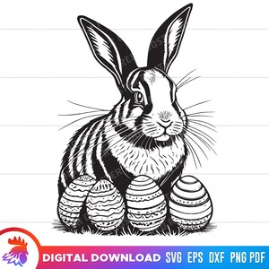 May include: A black and white illustration of a rabbit sitting on a bed of grass with three Easter eggs. The rabbit has long ears and a fluffy tail. The eggs are decorated with stripes and dots.