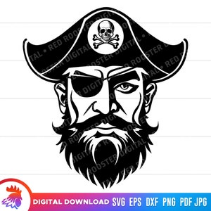 May include: Black and white illustration of a pirate with a skull and crossbones on his hat. The pirate has a beard, a mustache, and an eyepatch.