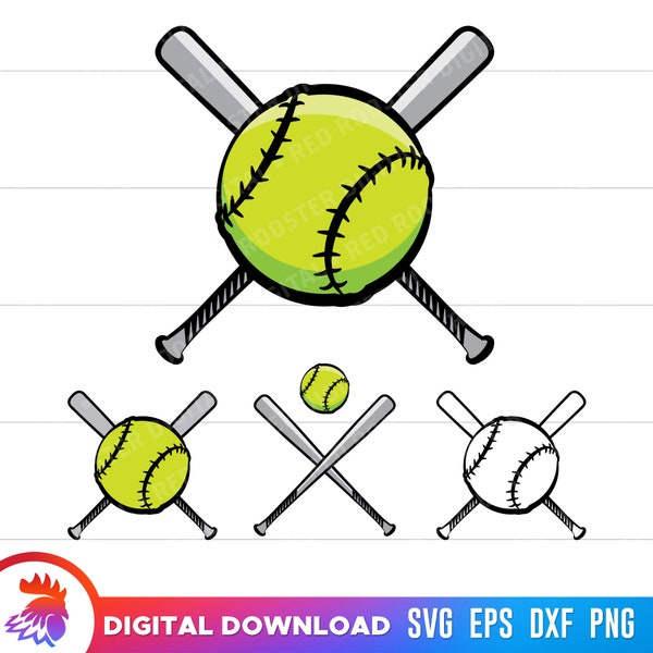 Softball SVG, Softball Silhouette, Softball and Bats, Softball Cut Files, Softball Cut File For Cricut, Crossed Softball Bats, Softball Icon