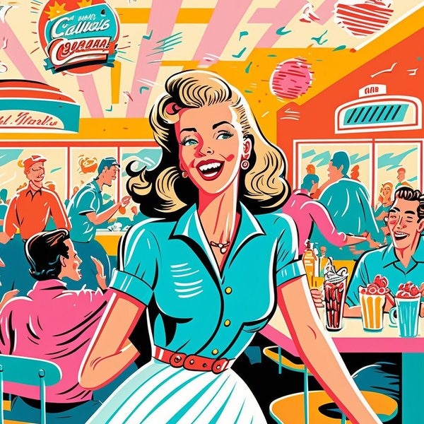 Retro American Diner Print, Americana, American Diner Girl, 50s, Vintage, AI Print, Instant Download