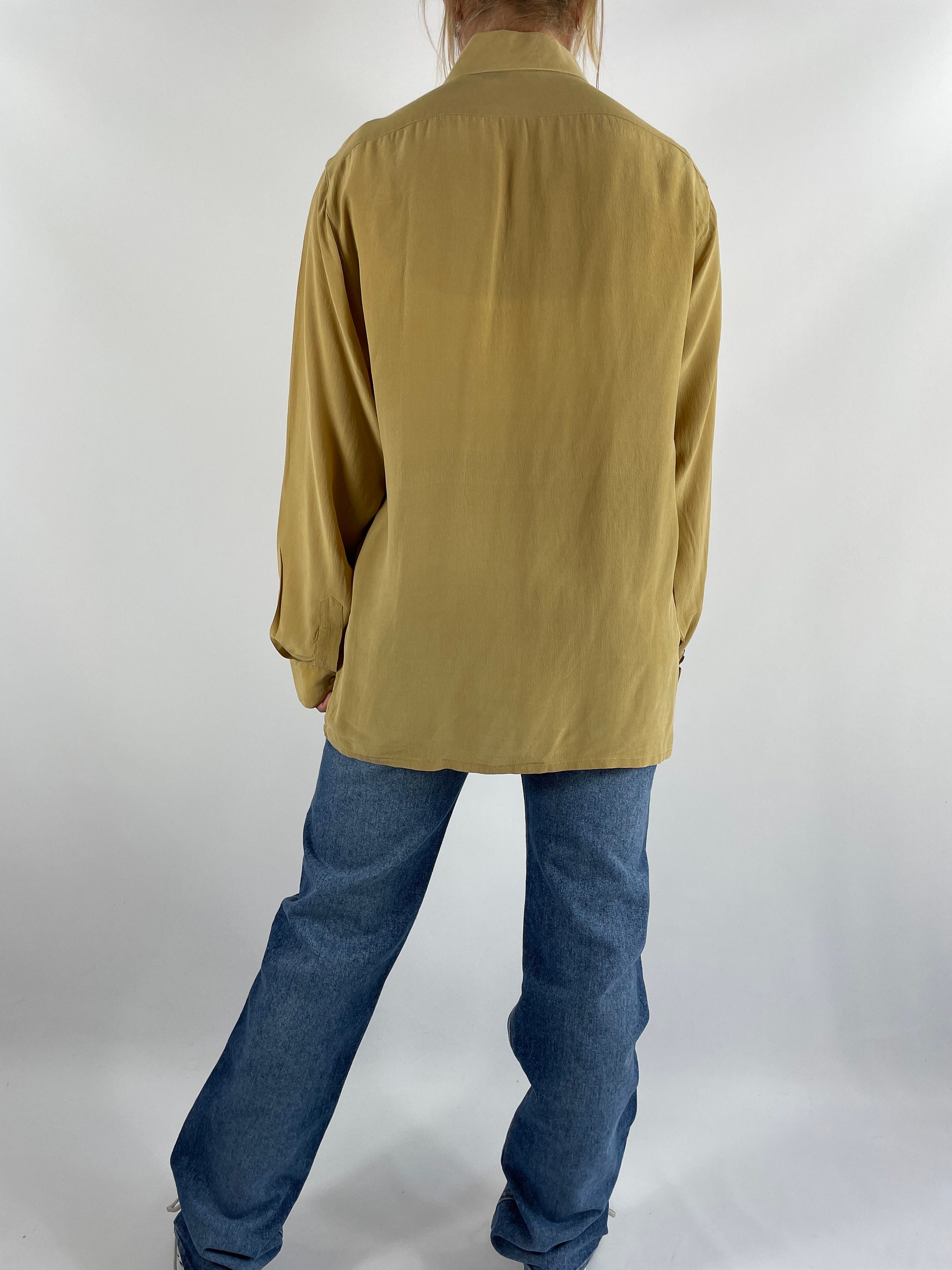 vintage gold silky button blouse long sleeve ornate print ... main image 1