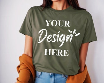 Bella Canvas 3001 Military Green Tshirt Mockup | 3001 Military T-shirt Mock | Model Mock | Simple Neutral Aesthetic Bella Canvas Mock-up