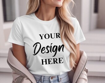 White Bella Canvas 3001 Mock, Tshirt Mockup, Styled Shirt Mockup, Fall Mockup, Womens Tee Mock, White T-Shirt Mockup, White Tshirt mockup