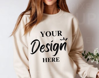 Gildan 18000 Sand Sweatshirt Mockup, Sweater Mockup, Crewneck Mockup, Neutral Sand Hoodie Mock, Gildan 18000 Sand Casual Sand Sweatshirt