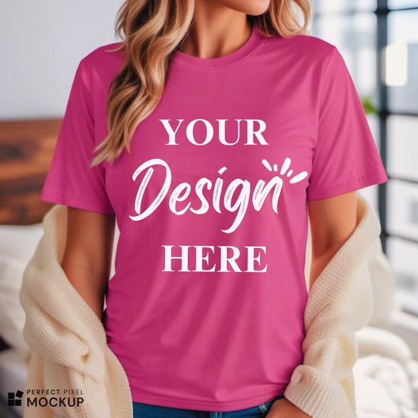 Bella Canvas 3001 Berry Tshirt Mockup | 3001 T-shirt Mock | Model Mock | Simple Neutral Minimal Aesthetic Pink Bella Canvas Mock-up