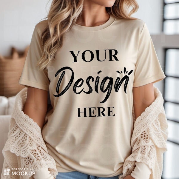 Bella Canvas 3001 Tan Tshirt Mockup | BC 3001 Tan T-shirt Beige tshirt Mockups | Flaylay Vintage Polaroid Boho Style Tshirt Photo Mockup