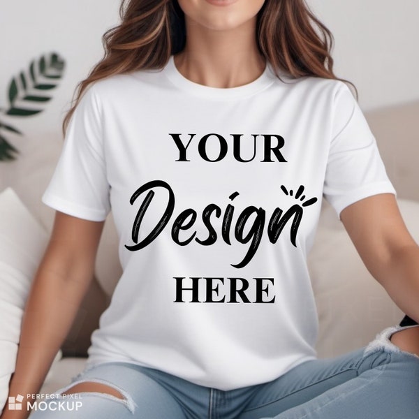 Bella Canvas 3001 White Tshirt Mockup | 3001 White T-shirt Mock-up | Real Model Mock | Simple Aesthetic Cozy White Bella Canvas Shirt Mock