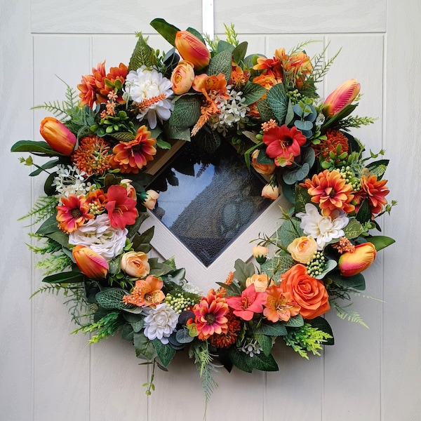 Delilah Handmade Spring/Summer Wreath For Front Door filled with Dahlias, Tulips, Roses and Daisies In Shades Of Orange, Peach And White.