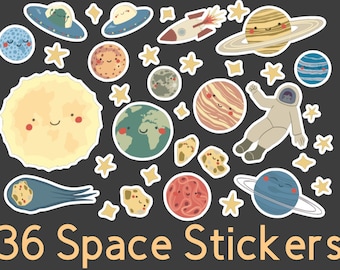 Space Stickers | Waterproof | High Quality | No Mess Peel & Restick | 36 count
