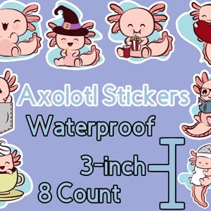 Puede incluir: Ocho pegatinas impermeables de ajolote de 7,6 cm. Las pegatinas presentan diferentes diseños de ajolote, incluyendo un ajolote con un sombrero de bruja, un ajolote sosteniendo un corazón y un ajolote leyendo un libro.