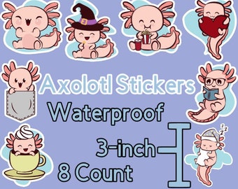 Axolotl-stickers | Waterdicht | Hoge kwaliteit | Geen geknoei Peel & Restick | 3-inch | 8 tel