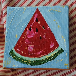 Original Watermelon Painting: Palette Knife Mini Canvas Art (4x4)