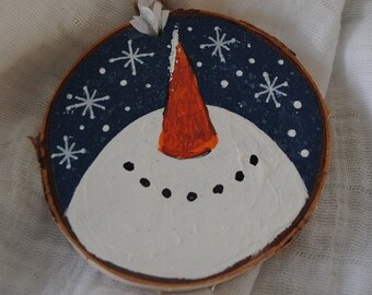 Hand Painted Snowman Ornament: Birch Wood Slice Christmas Decor