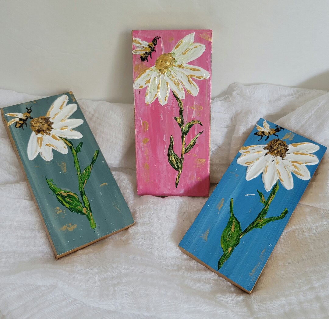 Wooden Palette Knife Painted Flower Block Flower Art Shelf Etsy