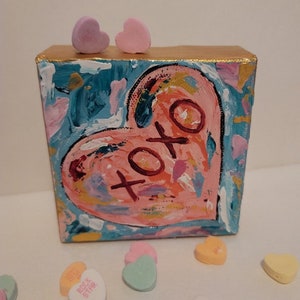 Original 4x4 candy heart painting -  canvas art, shelf art, hand painted, palette knife art, mini heart, heart painting, valentine gift