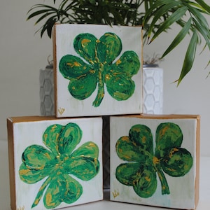 Hand painted 3 or 4 leaf clover canvas, St Patricks Day art, small acrylic painting, lucky clover gift, impressionistic home decor