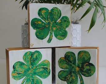 Hand-Painted Clover Canvas: St Patricks Day Acrylic Art, Lucky Gift