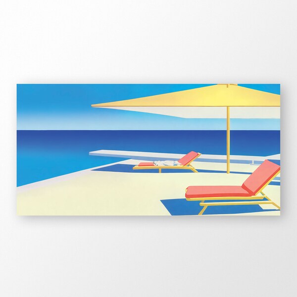 Mid Century Modern Art Print Decor Printable, Sunny Landscape with Indigo Blue Sea, Extra Large Panoramic Wall Art Poster