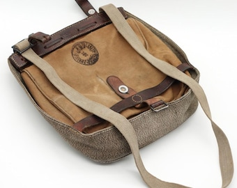 Vintage Swiss Army Military Leather Bread Bag 1942 Handmade Satchel Surplus Salt & Pepper Canvas Switzerland RAR WW2 World War 2
