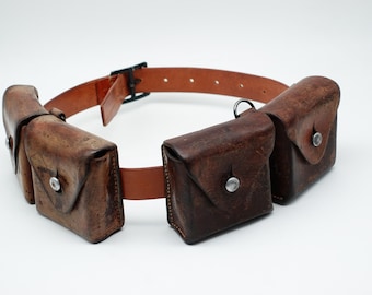 SWISS ARMY Military Brown Leather Belt Bandolier with Ammo Cases Pouch Pouches Sattchel *Marked* WW2 1940/1983 Combat Switzerland WW2