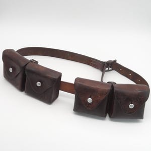 SWISS ARMY Military Brown Leather Belt Bandolier with Ammo Cases Pouch Pouches Sattchel *Marked* WW2 1955/1952/1938 Combat Switzerland WW2
