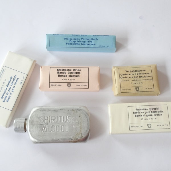 Swiss Army Military Paramedic Material (Bandages, Spiritus alcool bottle, band aid) medic boxes 1950-1980