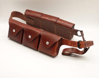 Unused SWISS ARMY 1955 Brown Leather Belt Bandolier with Tripple Ammo Cases Pouches Rarity WW2