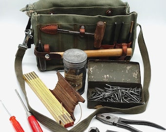 Original Filed Swiss Army Military Electrician Tele Tool Bag Leather Salt & Pepper Canvas Weapon Mechanic Ftg Vintage Sattchel 70s