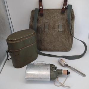 Fine Swiss Army Military Bread Bag Set bottle mess kit+canteen+cutlery surplus leather Switzerland Vintage Outdoor Camping Survival Kit 1963