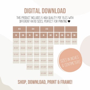 Pu&ograve; includere: Un grafico che mostra diverse dimensioni di stampa in pollici e centimetri per i download digitali. Il grafico include cinque diversi rapporti di aspetto: 4:5, 3:4 e 2:3. Il testo "SHOP, DOWNLOAD, PRINT & FRAME!" &egrave; nella parte inferiore del grafico.