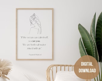 Stampa con citazione di Nayyirah Waheed / Disegno lineare di una donna che dà potere (download digitale)