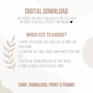 Pu&ograve; includere: Grafica di download digitale con testo che recita "Download digitale" e "Questo prodotto include 5 file PDF di alta qualit&agrave; con diverse dimensioni di rapporto, perfetti per la stampa." La grafica include anche testo che recita "Quale dimensione scegliere?" e un elenco di istruzioni per scegliere la dimensione corretta per la stampa.