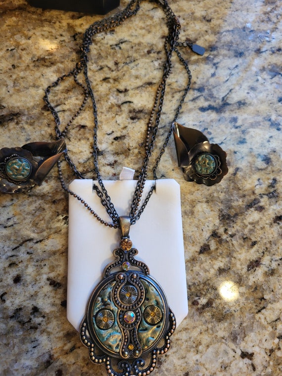 Antique bronze embroidered necklace and earrings