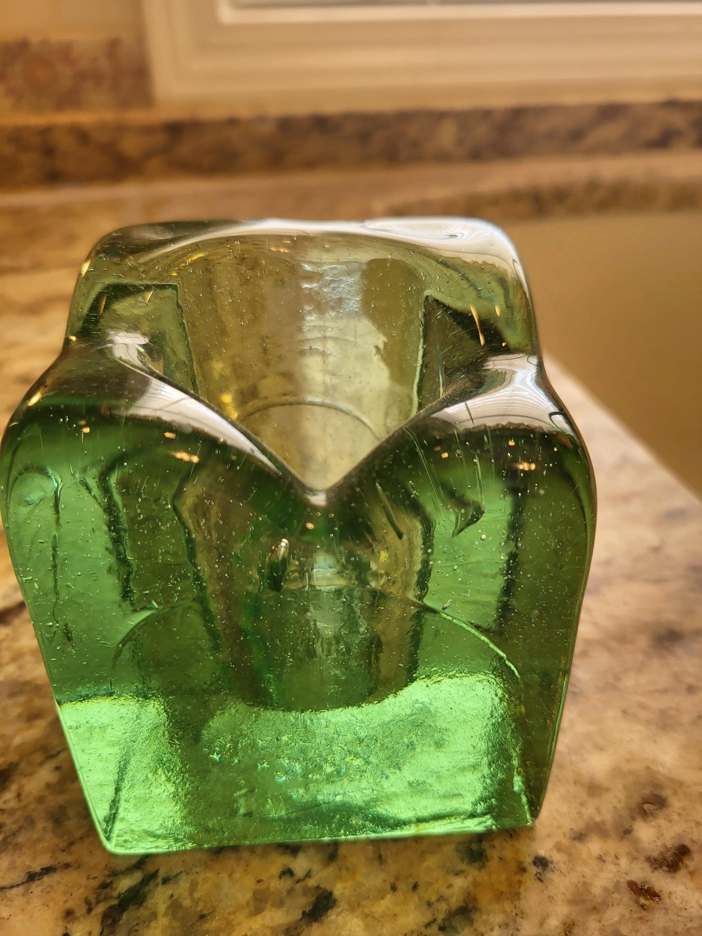 Vintage Blenko  heavy green ice  cube shaped candle holder