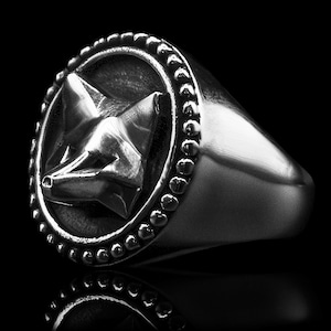Fox Ring | Metamask Signet Ring | Men's Stainless Steel Wolf Ring | Raw Metal Animal Jewelry | Rock Style Gift | Silver Color