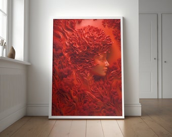 Téléchargeable PRINTABLE Digital Art Print, Red Coral Portrait, Home Decor, Gift Idea, Housewarming Gift idea, Boho, Red Art, Art Nouveau