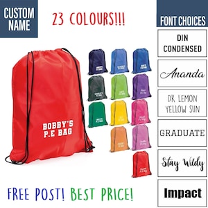 Op de afbeelding: Een rode trekzak met de tekst "BOBBY'S P.E BAG" in wit. De tas is verkrijgbaar in 23 verschillende kleuren. De afbeelding toont ook een aantal lettertypen voor de gepersonaliseerde tekst.