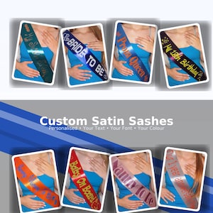 Faja de satén personalizada: texto personalizado para despedidas de soltera, cumpleaños, reinas del baile y eventos.