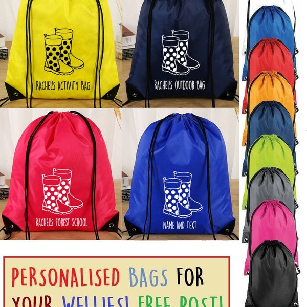 Wellies Boots Bag Drawstring Bag Personalised Name School Club PE Custom Name Childrens Sports Shoe Bag Kids Backpack Outdoor Bag Gym UK