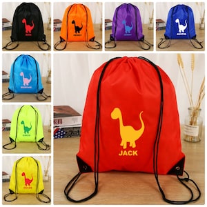 Drawstring Bag Personalised Name School Club PE Custom Name Children Sports Shoe Bag Kids Backpack Football Bag Gym Dance Swim Dinosaur UK