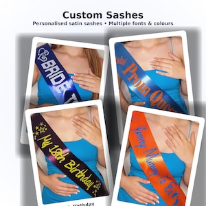 Puede incluir: La imagen muestra cuatro bandas de satén personalizadas. Una azul con "BRIDE", otra azul con "Prom Queen", una tercera negra con "My 18th Birthday", y la última naranja con "Yummy Mummy to Be". Los textos son de varios colores y fuentes.
