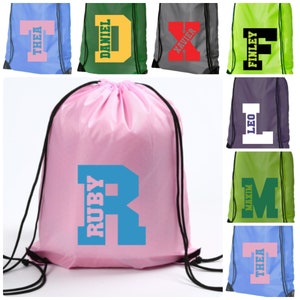 Drawstring Bag Personalised Name and Letter School Club PE Custom Name Childrens Sports Shoe Bag Kids Backpack Football Bag Gym Dance Swim